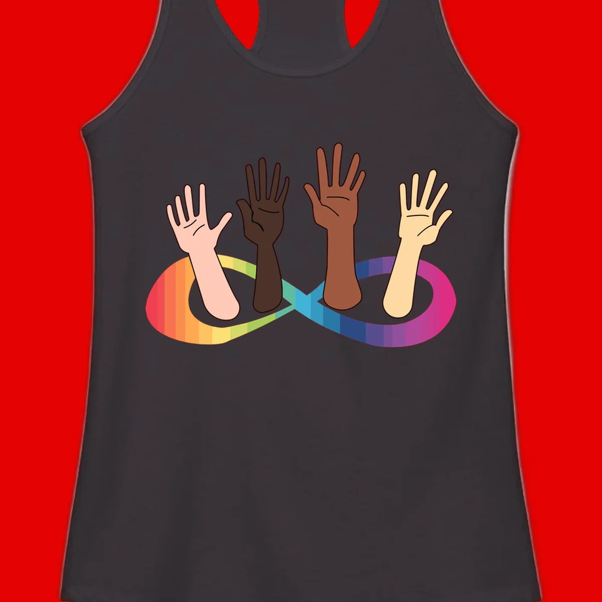 Five diverse raised hands with different skin tones emerging from a circular rainbow pride flag gradient, symbolizing unity and LGBTQ+ pride.