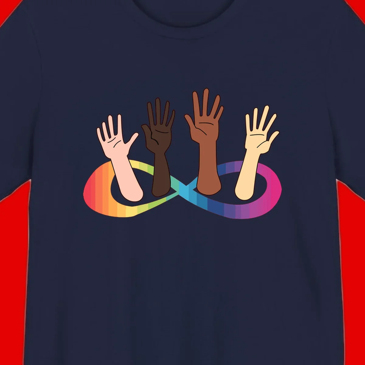 Five diverse raised hands with different skin tones emerging from a circular rainbow pride flag gradient, symbolizing unity and LGBTQ+ pride.