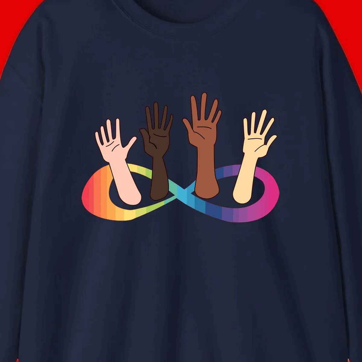 Five diverse raised hands with different skin tones emerging from a circular rainbow pride flag gradient, symbolizing unity and LGBTQ+ pride.