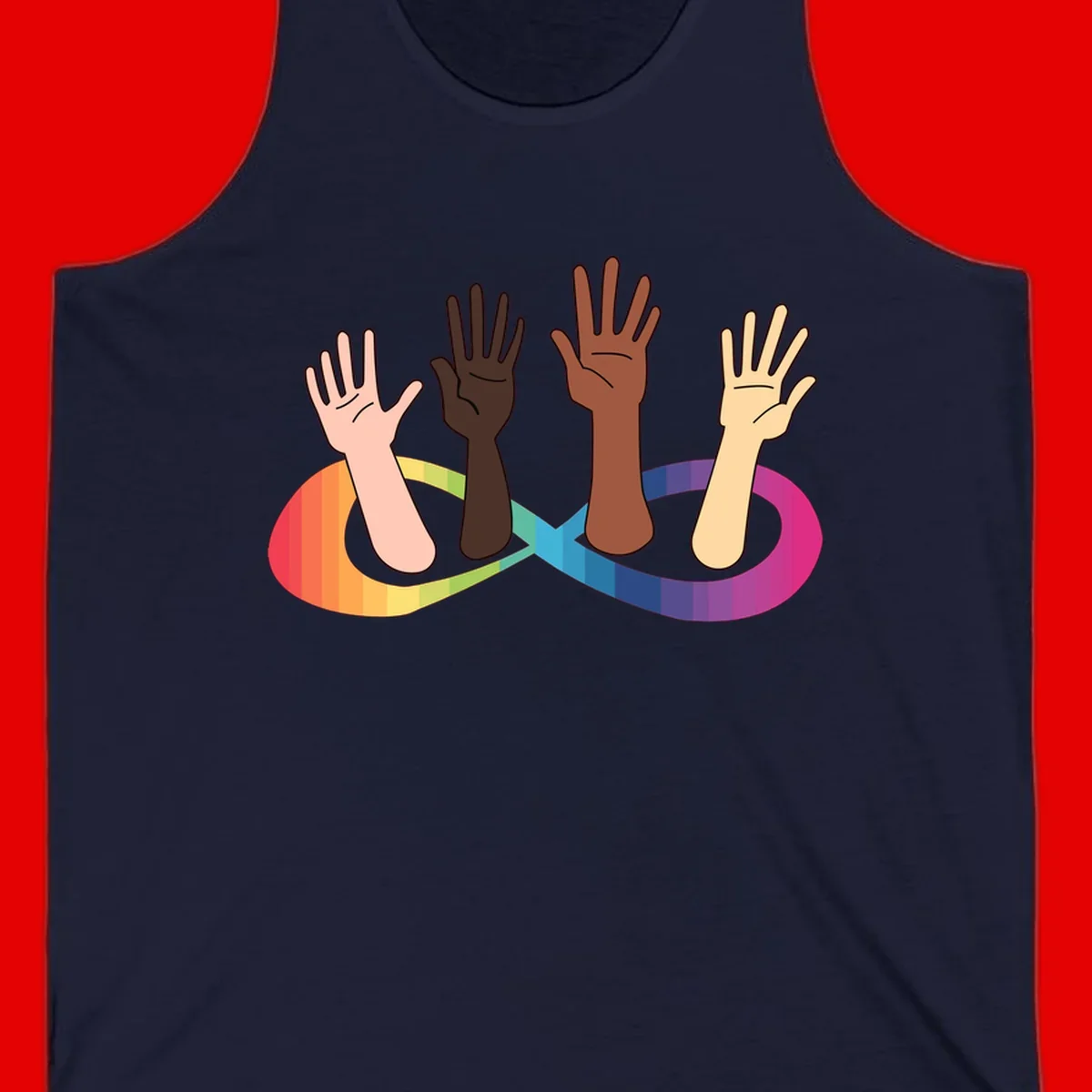 Five diverse raised hands with different skin tones emerging from a circular rainbow pride flag gradient, symbolizing unity and LGBTQ+ pride.