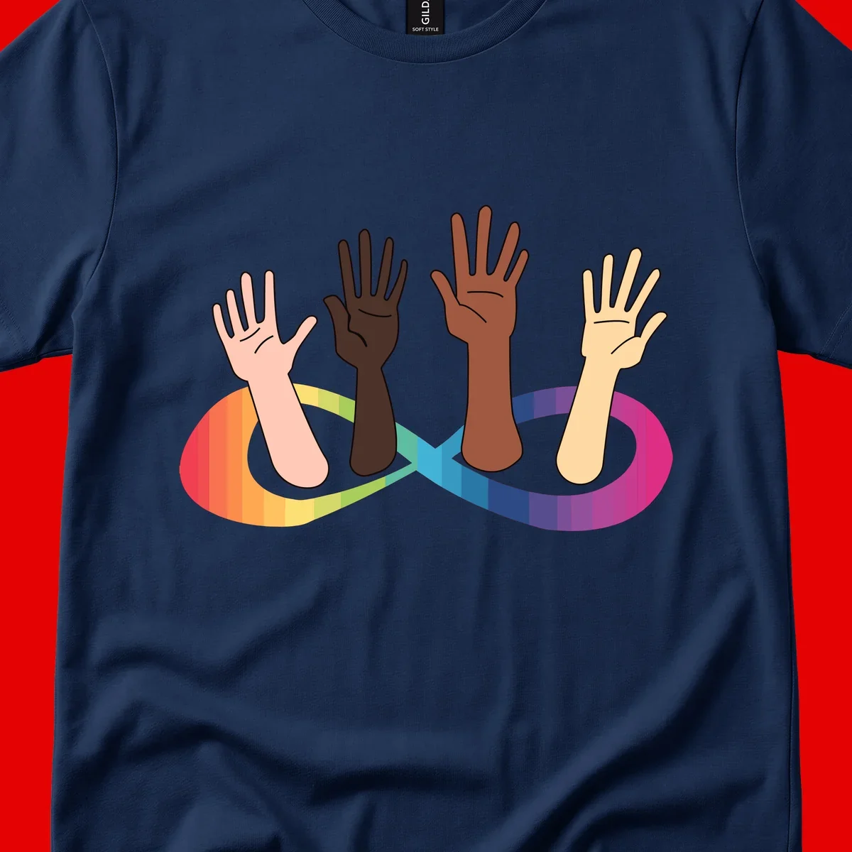 Five diverse raised hands with different skin tones emerging from a circular rainbow pride flag gradient, symbolizing unity and LGBTQ+ pride.