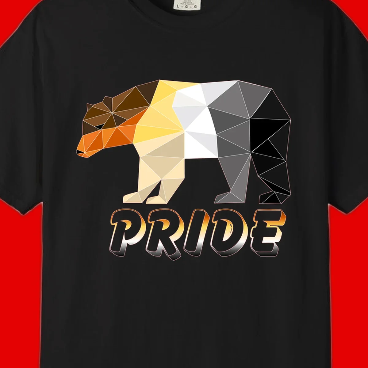 Geometric low-poly bear with triangular facets transitioning from warm brown and orange tones to cool gray and black, with PRIDE text below
