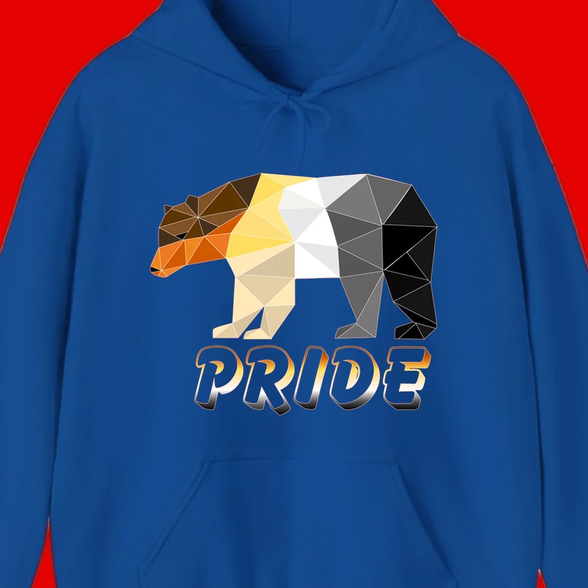 Geometric low-poly bear with triangular facets transitioning from warm brown and orange tones to cool gray and black, with PRIDE text below