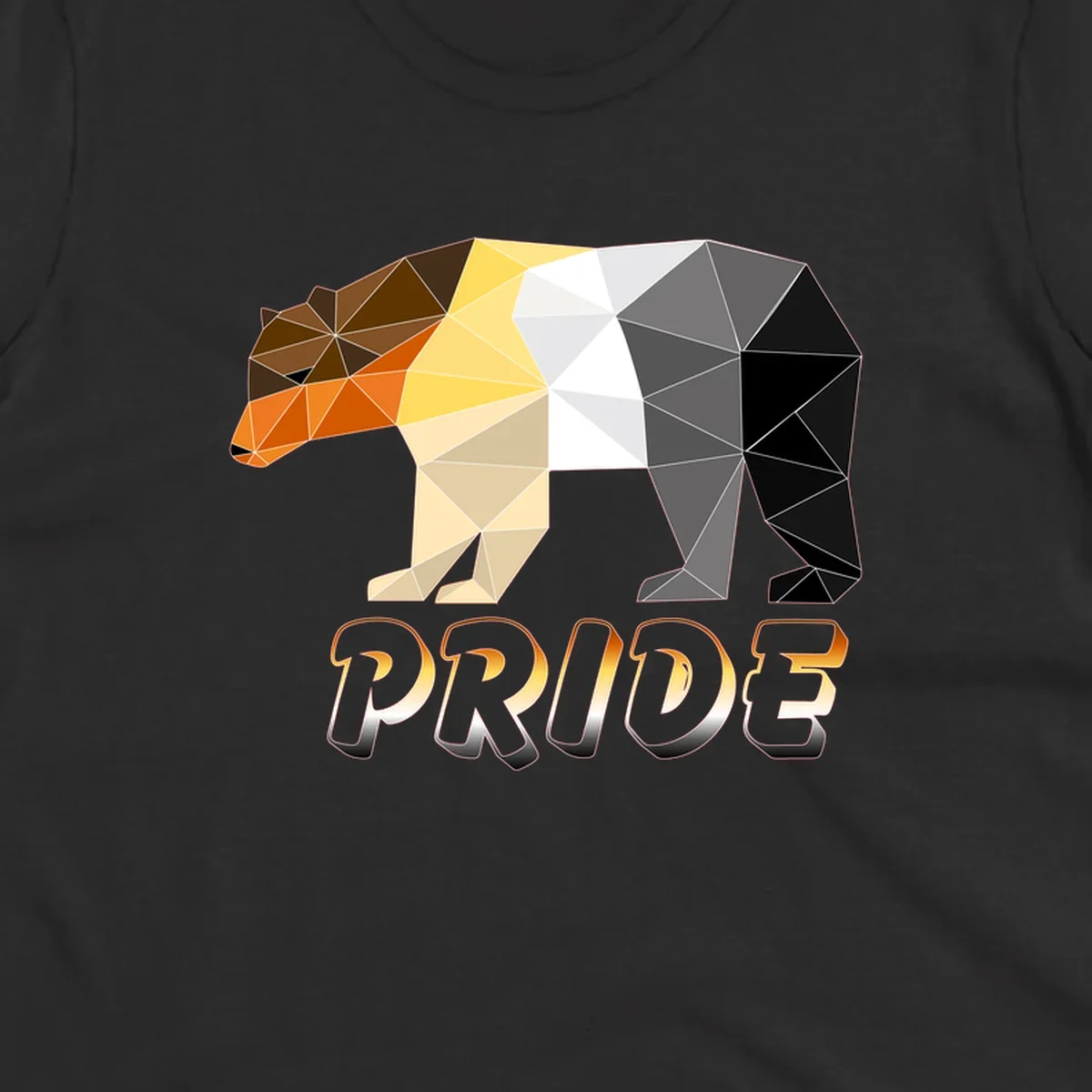 Geometric low-poly bear with triangular facets transitioning from warm brown and orange tones to cool gray and black, with PRIDE text below