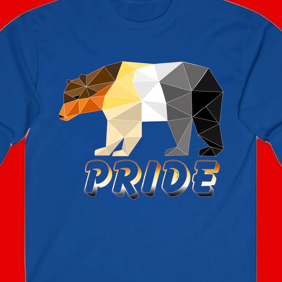 Geometric low-poly bear with triangular facets transitioning from warm brown and orange tones to cool gray and black, with PRIDE text below