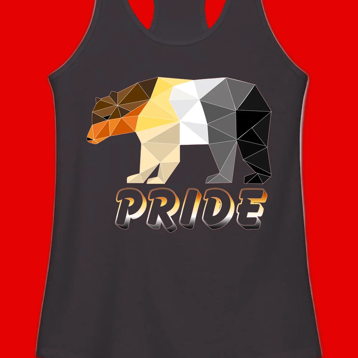 Geometric low-poly bear with triangular facets transitioning from warm brown and orange tones to cool gray and black, with PRIDE text below
