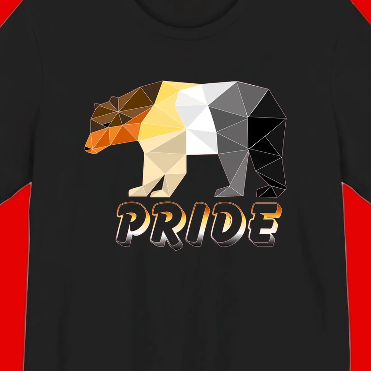 Geometric low-poly bear with triangular facets transitioning from warm brown and orange tones to cool gray and black, with PRIDE text below
