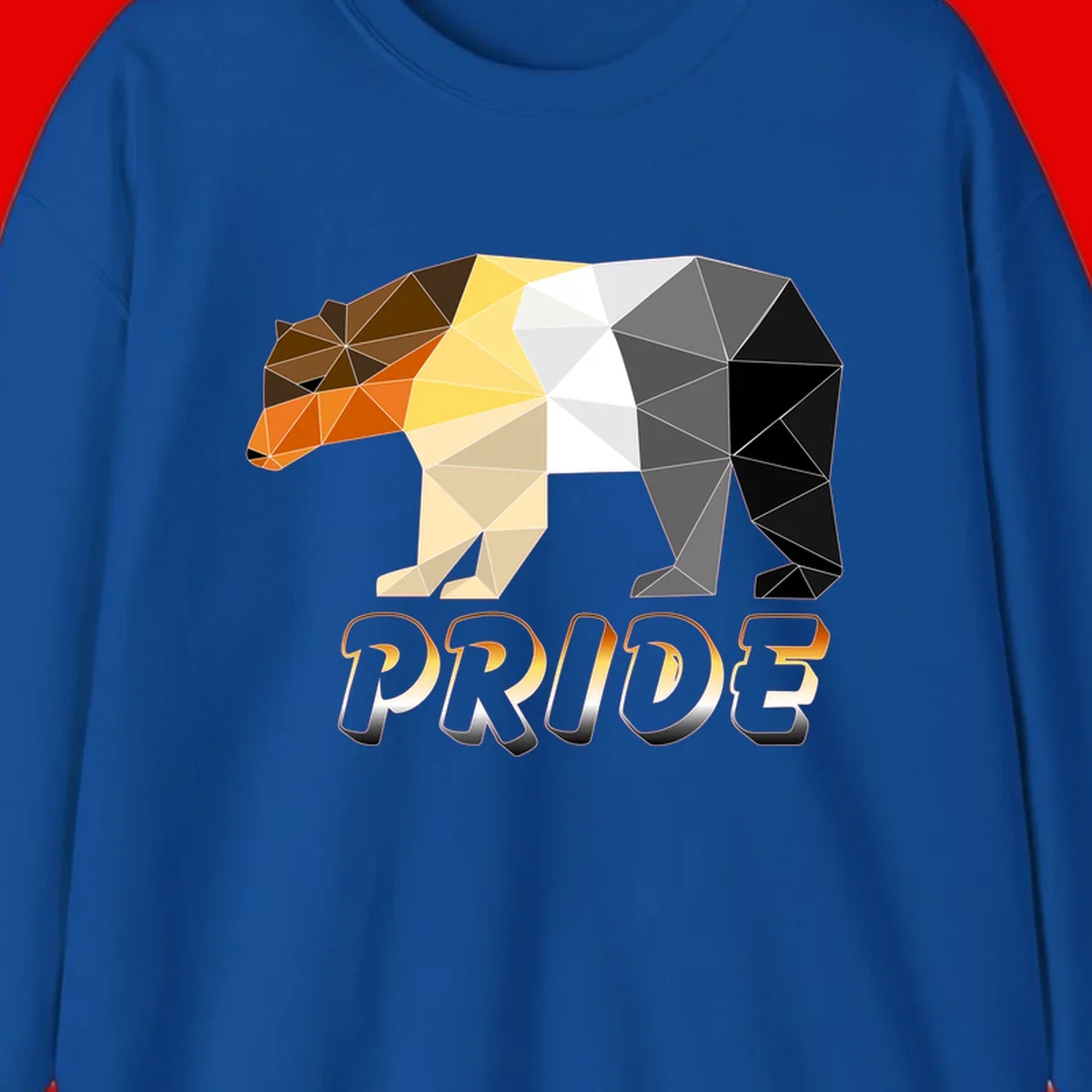 Geometric low-poly bear with triangular facets transitioning from warm brown and orange tones to cool gray and black, with PRIDE text below