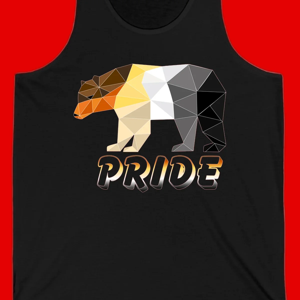 Geometric low-poly bear with triangular facets transitioning from warm brown and orange tones to cool gray and black, with PRIDE text below
