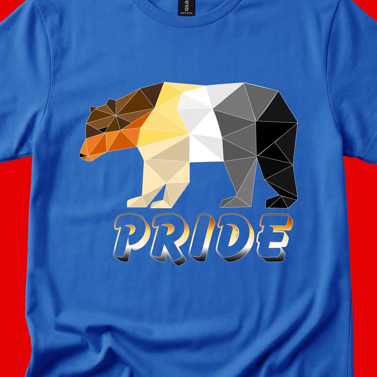 Geometric low-poly bear with triangular facets transitioning from warm brown and orange tones to cool gray and black, with PRIDE text below