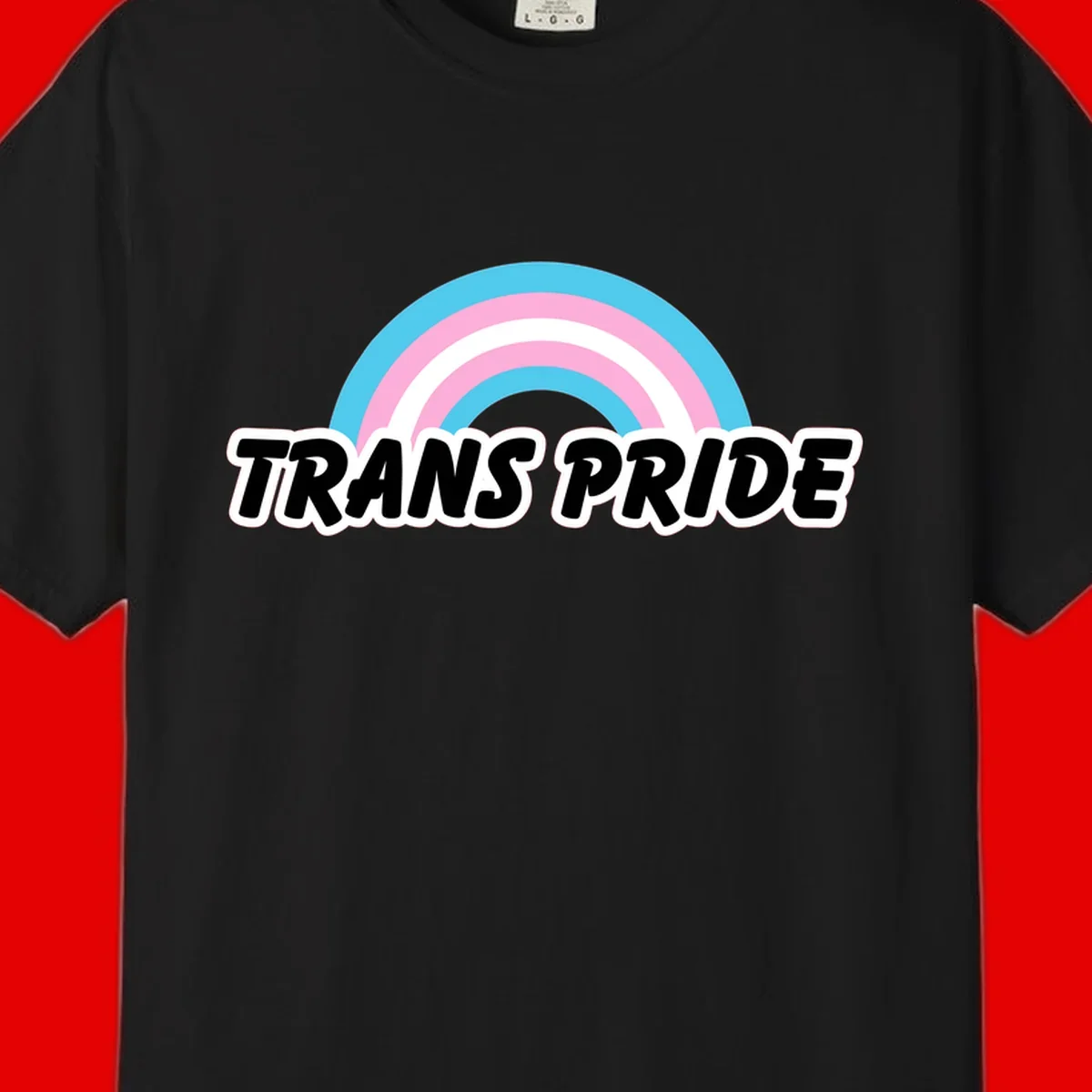 Trans pride rainbow design with cyan, pink, and white concentric arcs above black italic 'TRANS PRIDE' text with white outline on gray background
