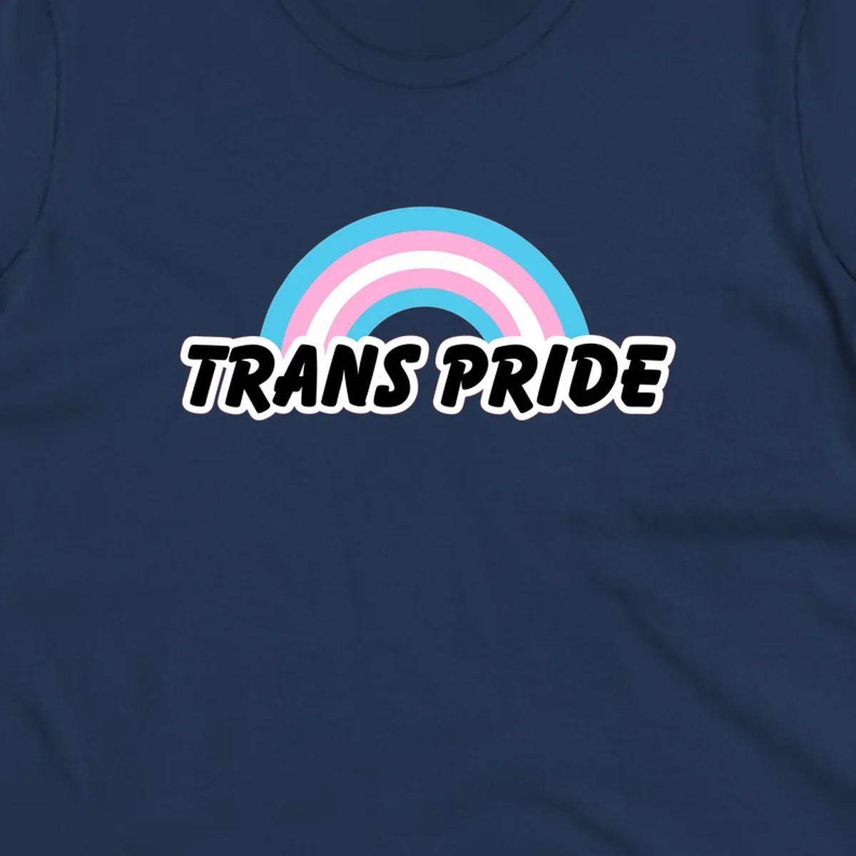 Trans pride rainbow design with cyan, pink, and white concentric arcs above black italic 'TRANS PRIDE' text with white outline on gray background