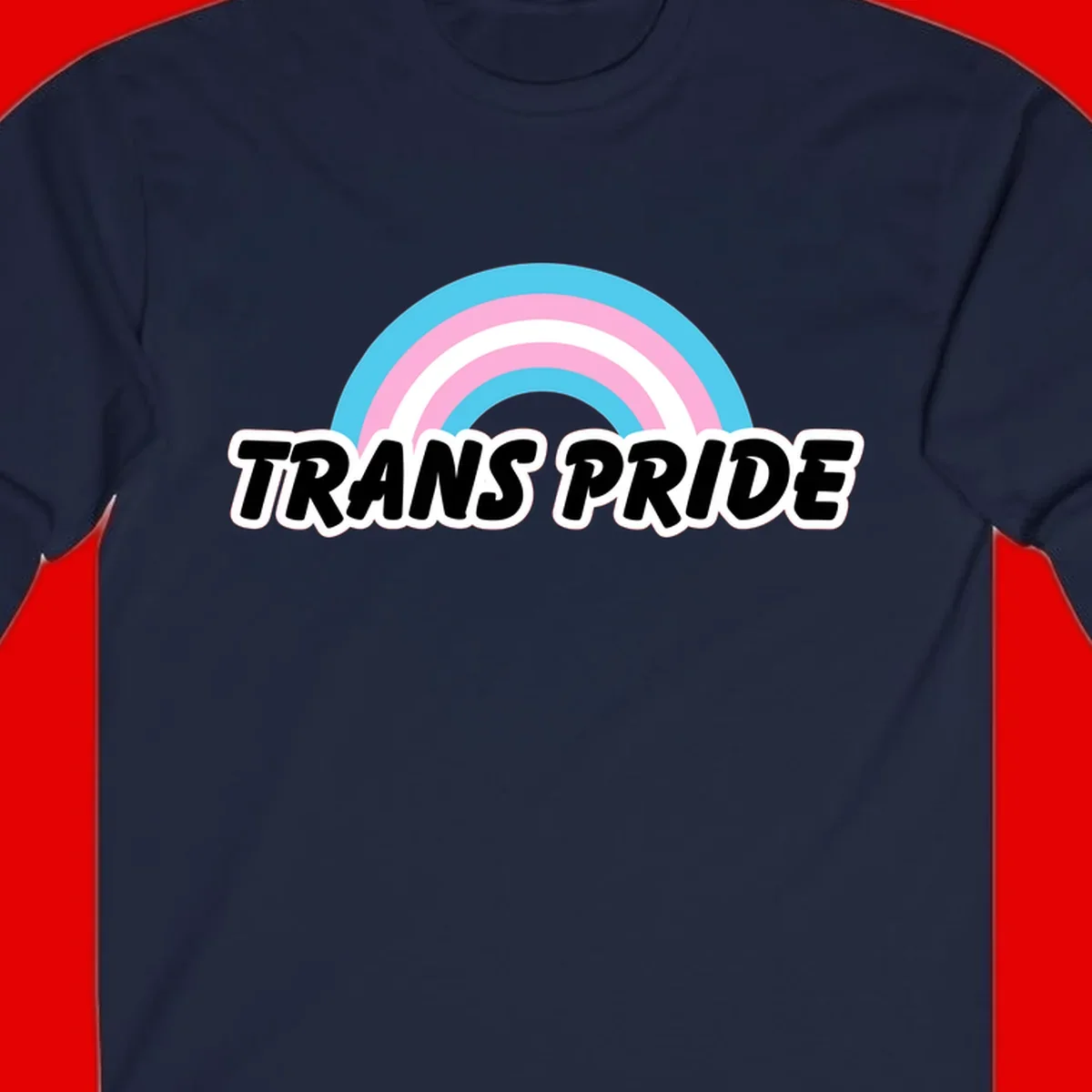 Trans pride rainbow design with cyan, pink, and white concentric arcs above black italic 'TRANS PRIDE' text with white outline on gray background