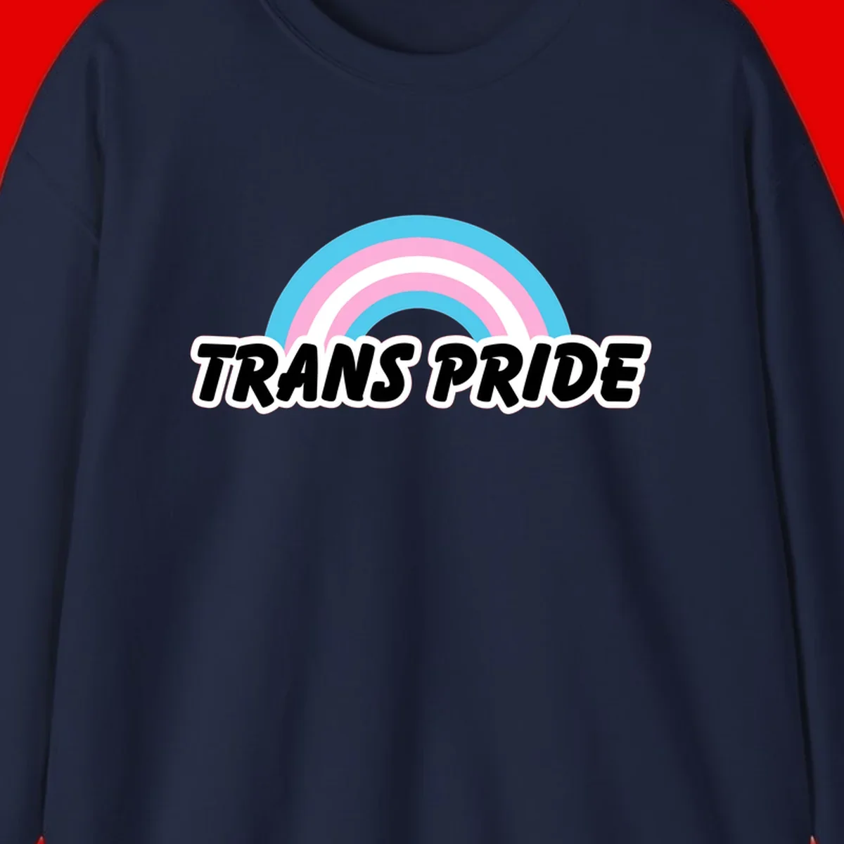 Trans pride rainbow design with cyan, pink, and white concentric arcs above black italic 'TRANS PRIDE' text with white outline on gray background
