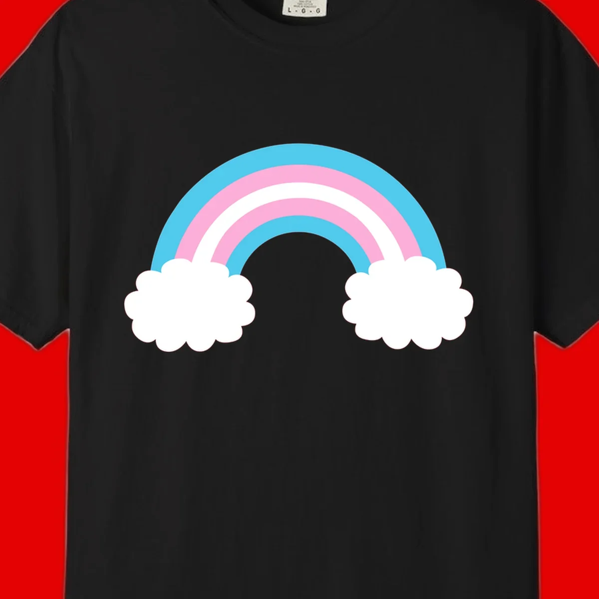 Pastel rainbow stretching between two white clouds with cyan blue and pink bands on gray background