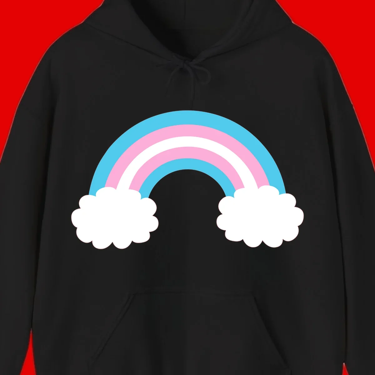 Pastel rainbow stretching between two white clouds with cyan blue and pink bands on gray background
