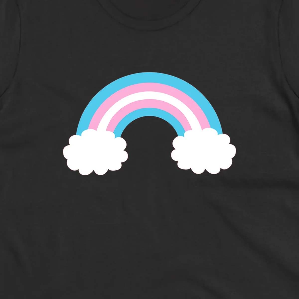 Pastel rainbow stretching between two white clouds with cyan blue and pink bands on gray background