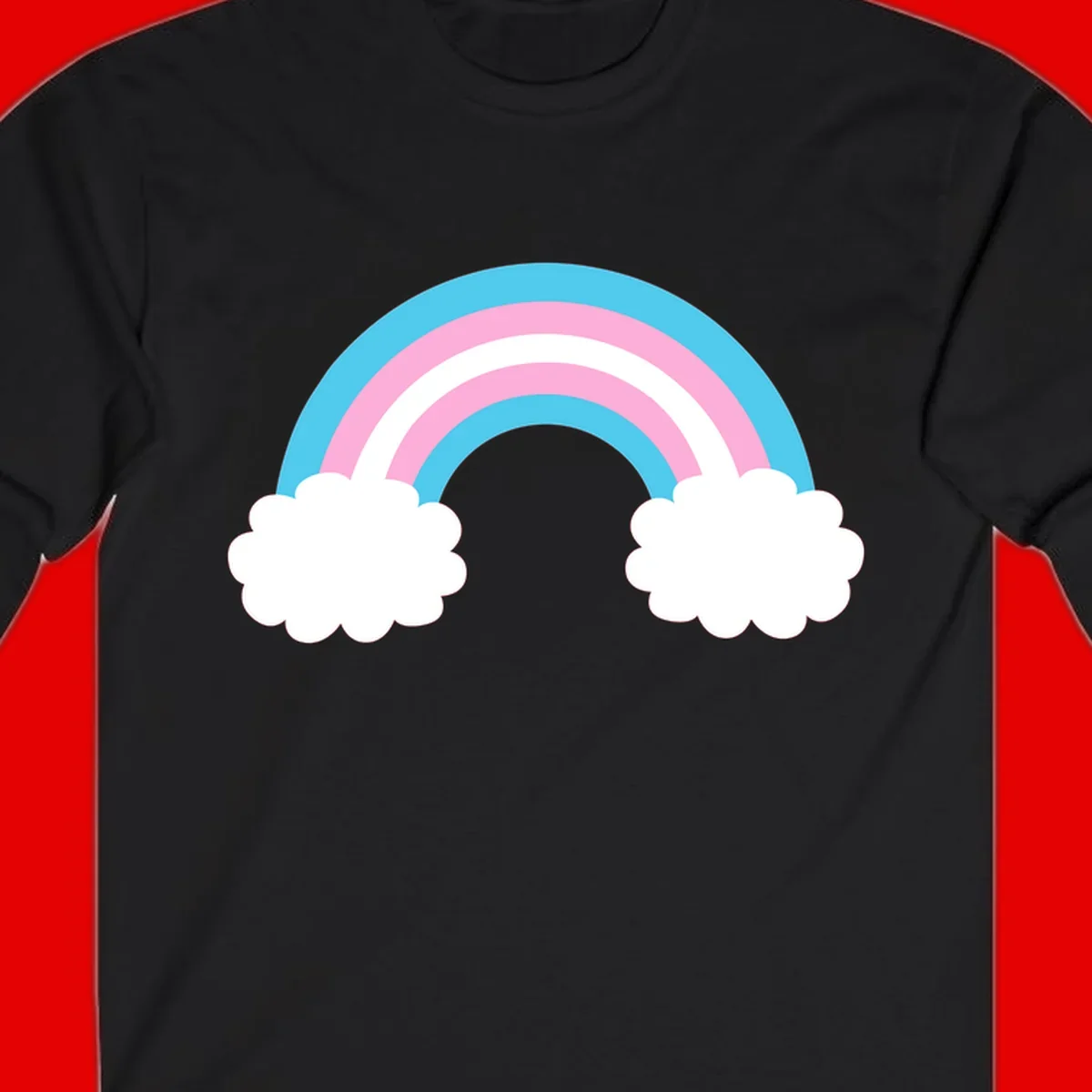 Pastel rainbow stretching between two white clouds with cyan blue and pink bands on gray background
