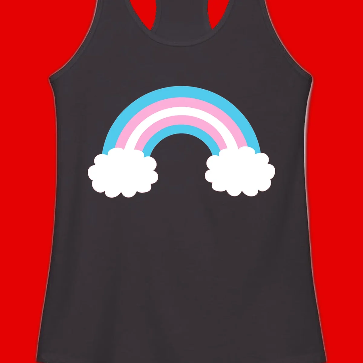 Pastel rainbow stretching between two white clouds with cyan blue and pink bands on gray background