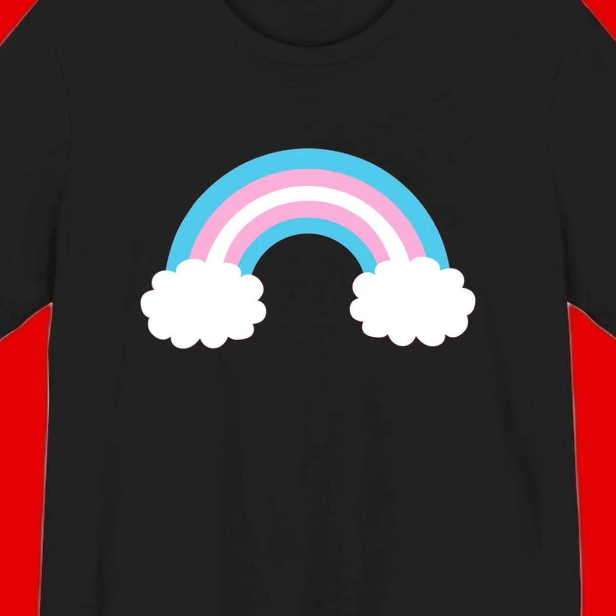 Pastel rainbow stretching between two white clouds with cyan blue and pink bands on gray background