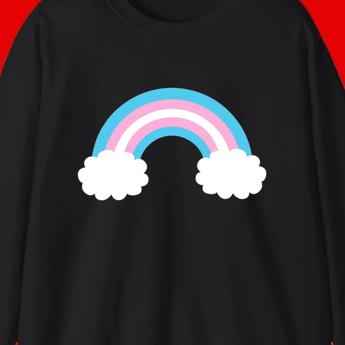 Pastel rainbow stretching between two white clouds with cyan blue and pink bands on gray background