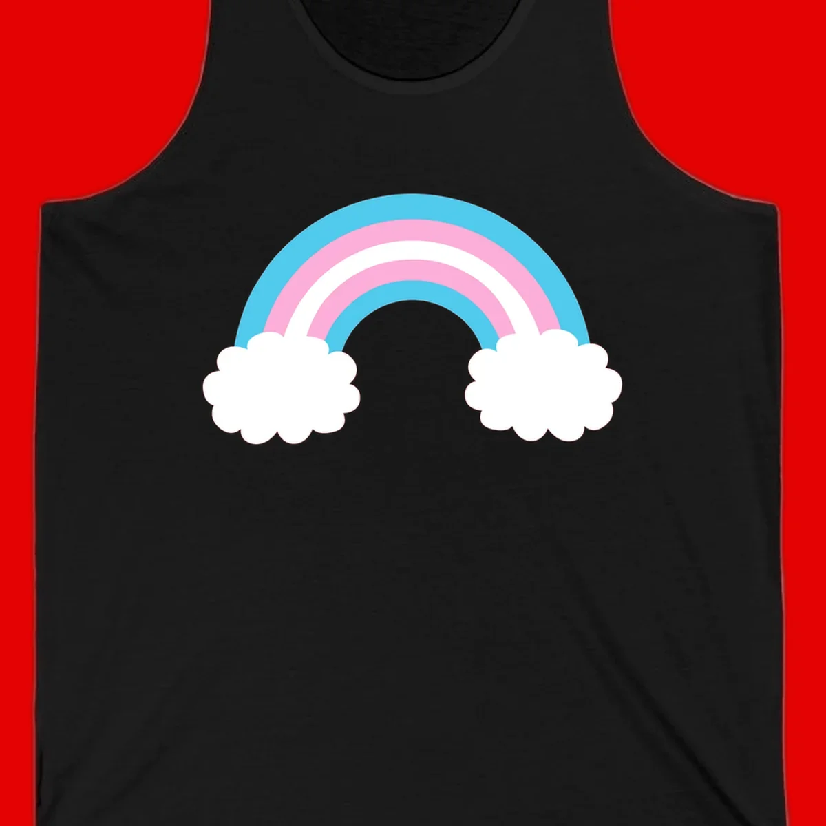 Pastel rainbow stretching between two white clouds with cyan blue and pink bands on gray background