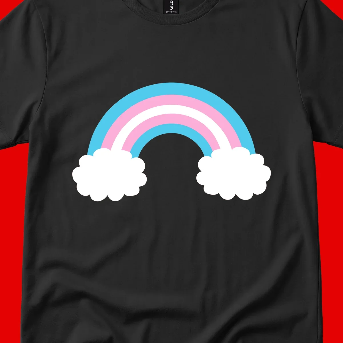 Pastel rainbow stretching between two white clouds with cyan blue and pink bands on gray background