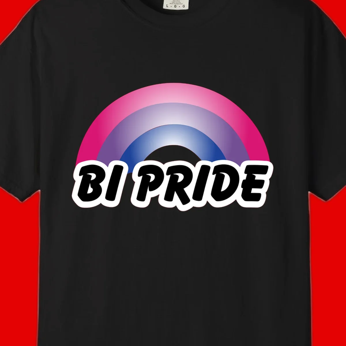 Bi pride rainbow gradient arc with concentric circles in pink, purple, and blue colors, with bold 'BI PRIDE' text below