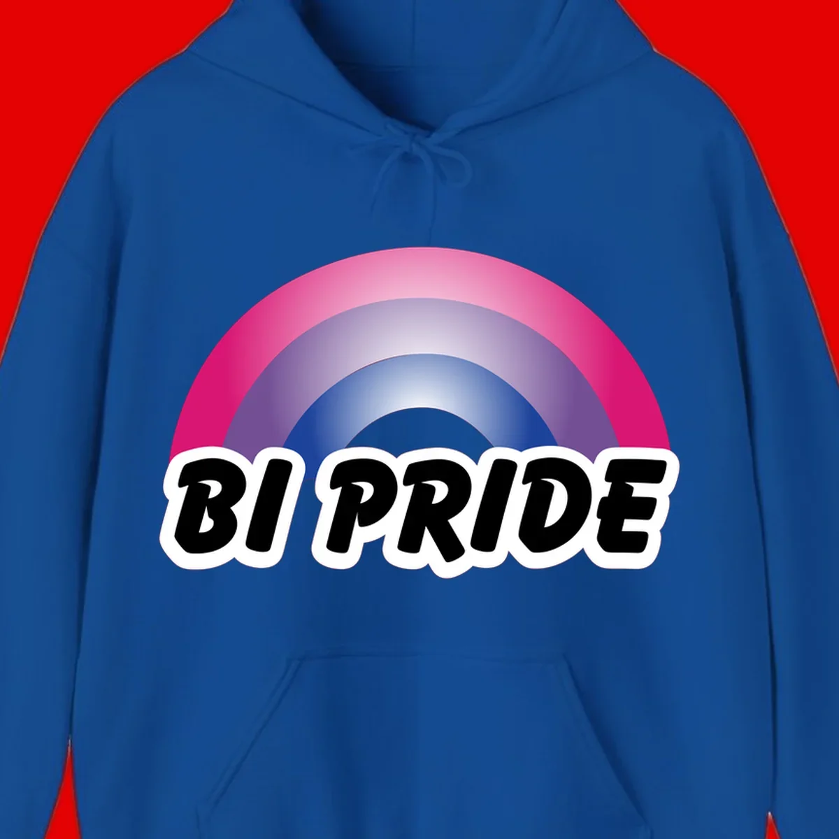 Bi pride rainbow gradient arc with concentric circles in pink, purple, and blue colors, with bold 'BI PRIDE' text below