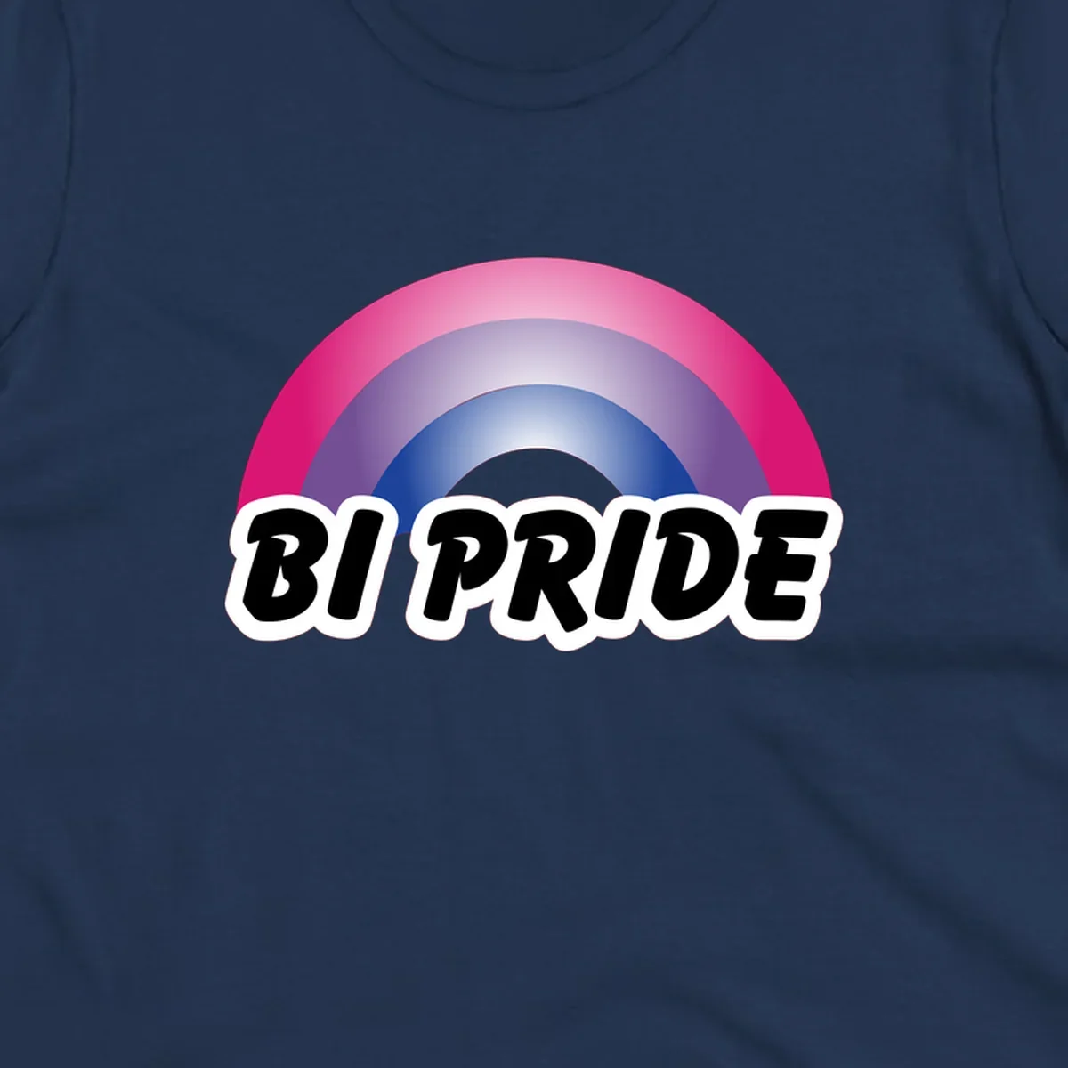 Bi pride rainbow gradient arc with concentric circles in pink, purple, and blue colors, with bold 'BI PRIDE' text below