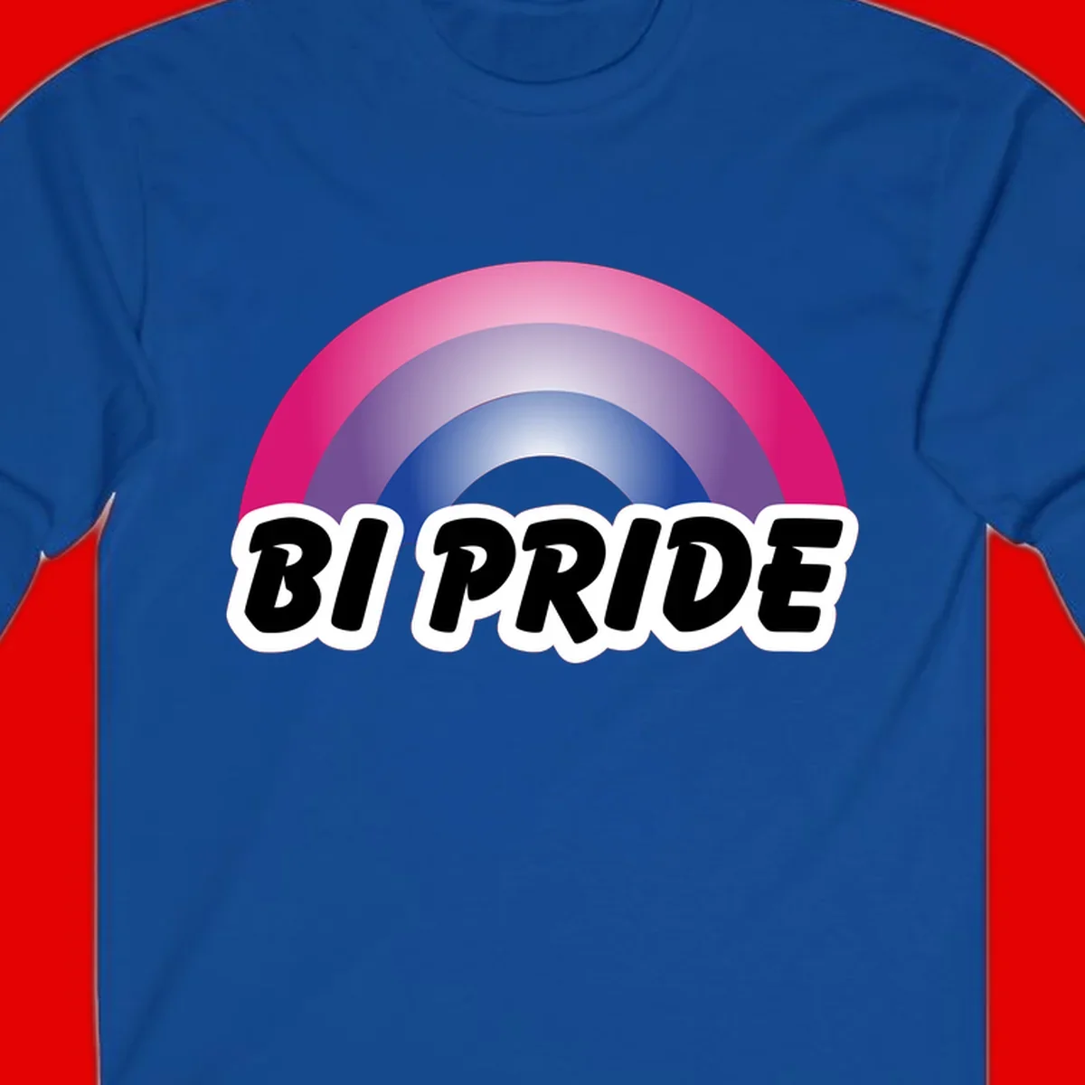 Bi pride rainbow gradient arc with concentric circles in pink, purple, and blue colors, with bold 'BI PRIDE' text below