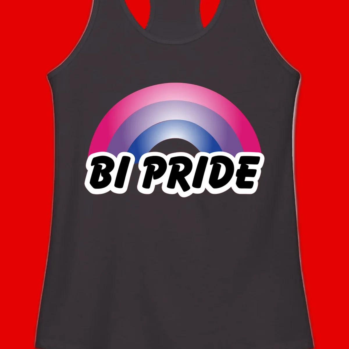Bi pride rainbow gradient arc with concentric circles in pink, purple, and blue colors, with bold 'BI PRIDE' text below
