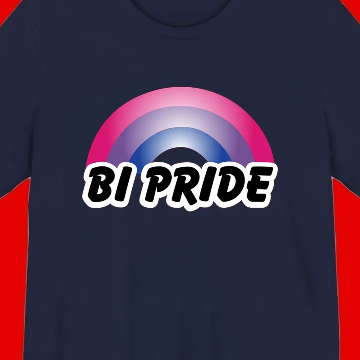 Bi pride rainbow gradient arc with concentric circles in pink, purple, and blue colors, with bold 'BI PRIDE' text below