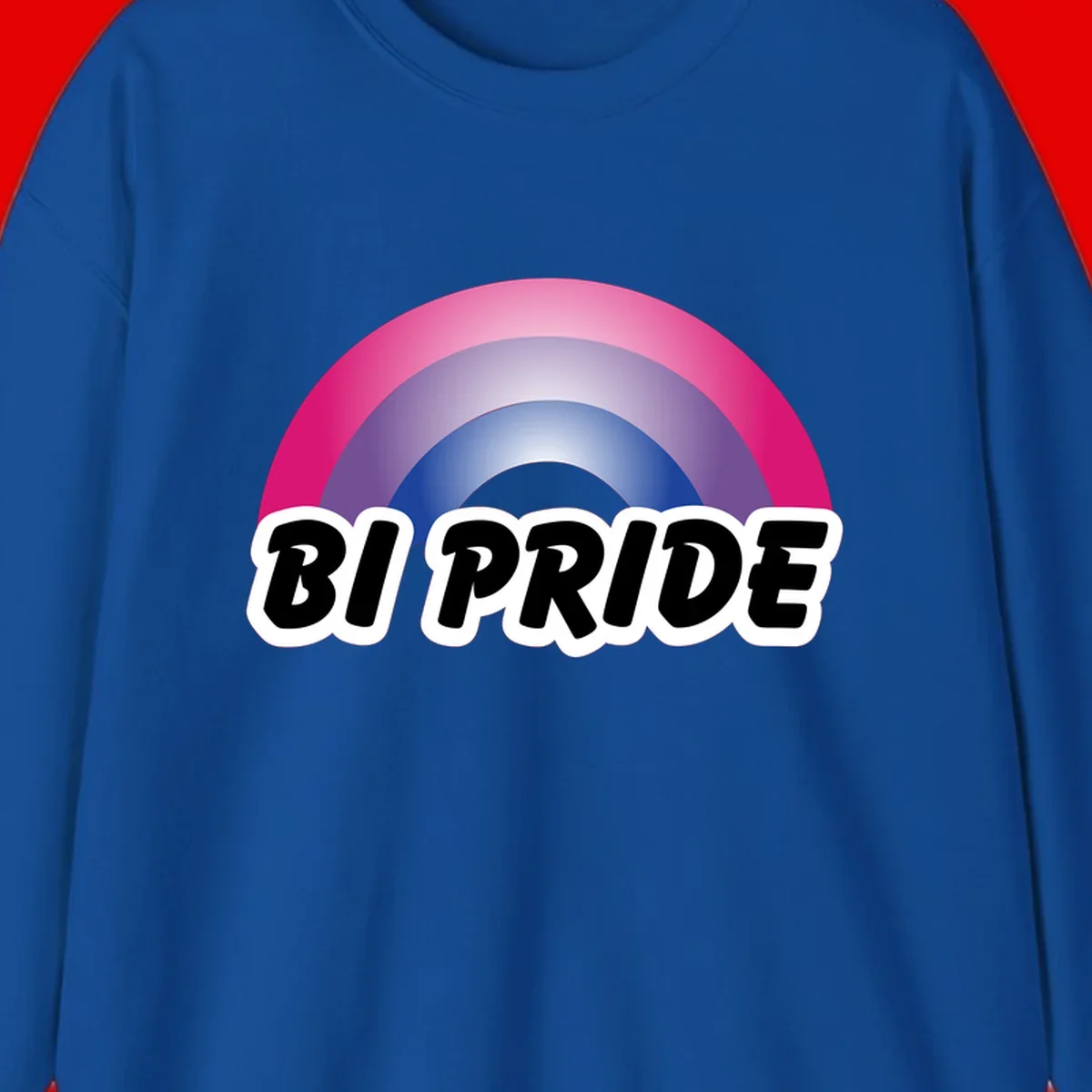 Bi pride rainbow gradient arc with concentric circles in pink, purple, and blue colors, with bold 'BI PRIDE' text below