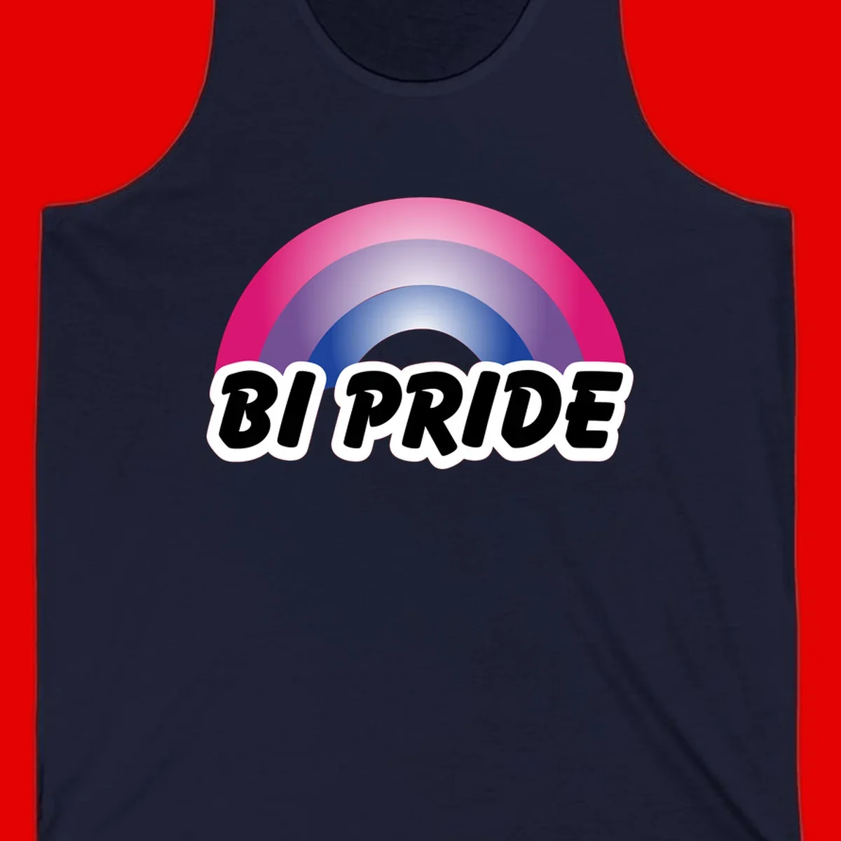 Bi pride rainbow gradient arc with concentric circles in pink, purple, and blue colors, with bold 'BI PRIDE' text below