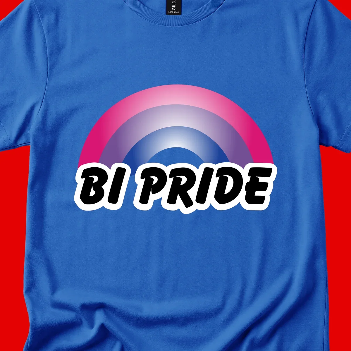 Bi pride rainbow gradient arc with concentric circles in pink, purple, and blue colors, with bold 'BI PRIDE' text below