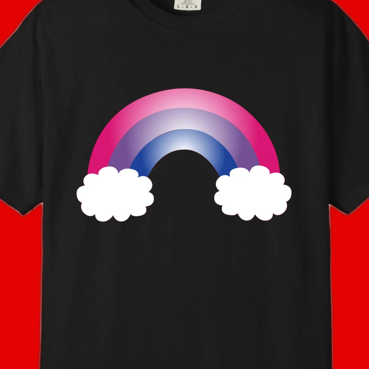 Illustration of a colorful gradient rainbow arc with pink, purple, and blue rings connecting two white fluffy clouds against a gray background