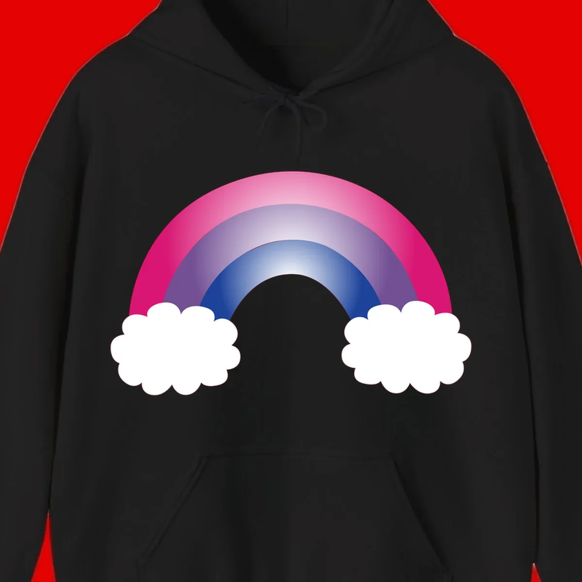 Illustration of a colorful gradient rainbow arc with pink, purple, and blue rings connecting two white fluffy clouds against a gray background