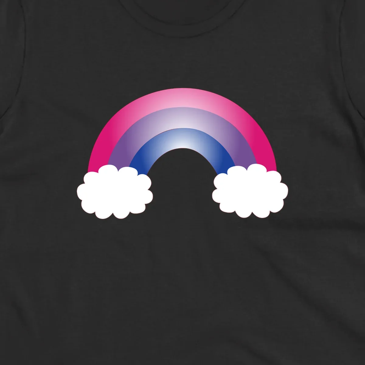 Illustration of a colorful gradient rainbow arc with pink, purple, and blue rings connecting two white fluffy clouds against a gray background