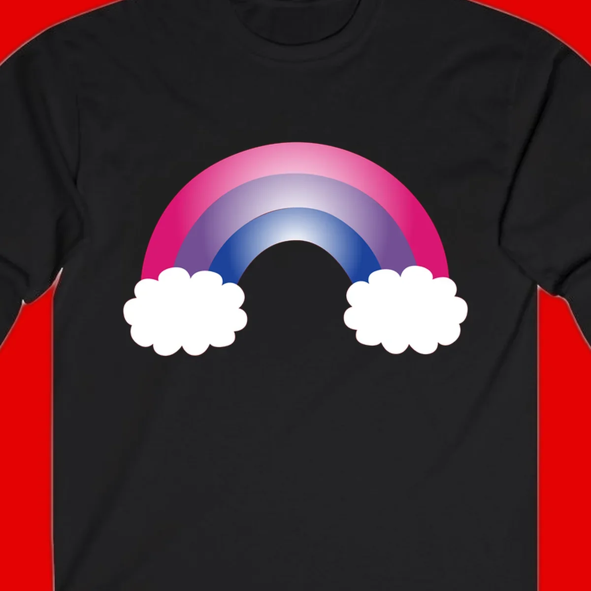 Illustration of a colorful gradient rainbow arc with pink, purple, and blue rings connecting two white fluffy clouds against a gray background