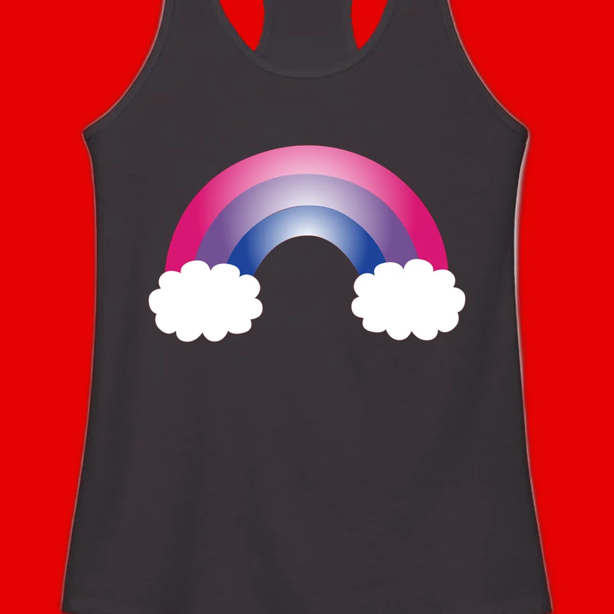 Illustration of a colorful gradient rainbow arc with pink, purple, and blue rings connecting two white fluffy clouds against a gray background