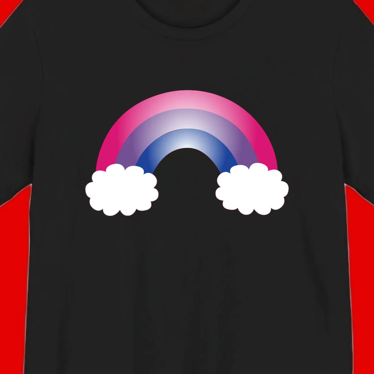Illustration of a colorful gradient rainbow arc with pink, purple, and blue rings connecting two white fluffy clouds against a gray background