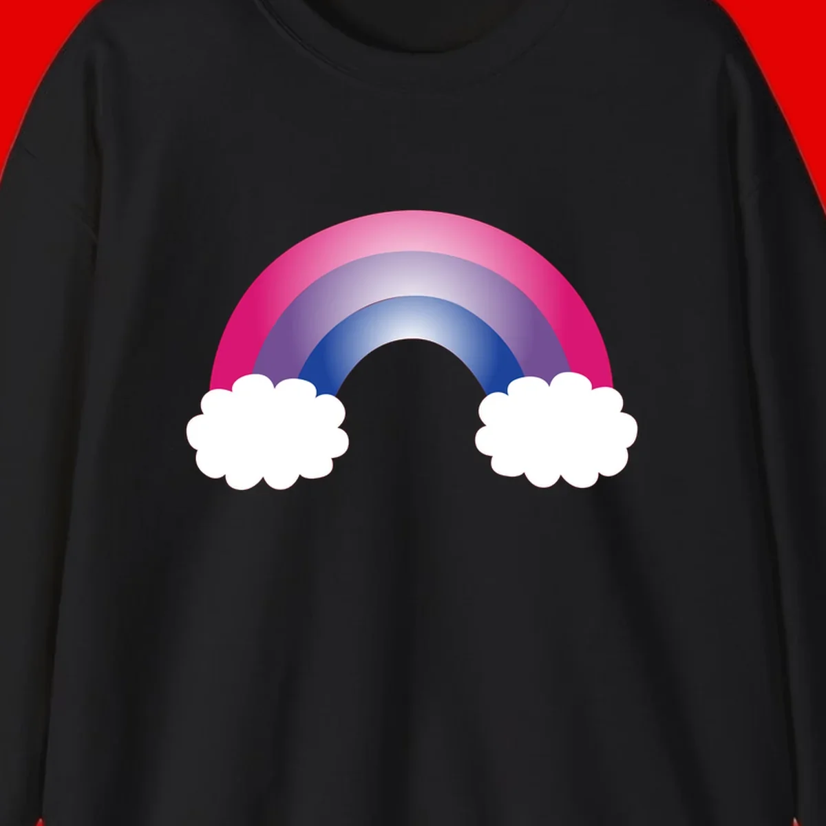 Illustration of a colorful gradient rainbow arc with pink, purple, and blue rings connecting two white fluffy clouds against a gray background