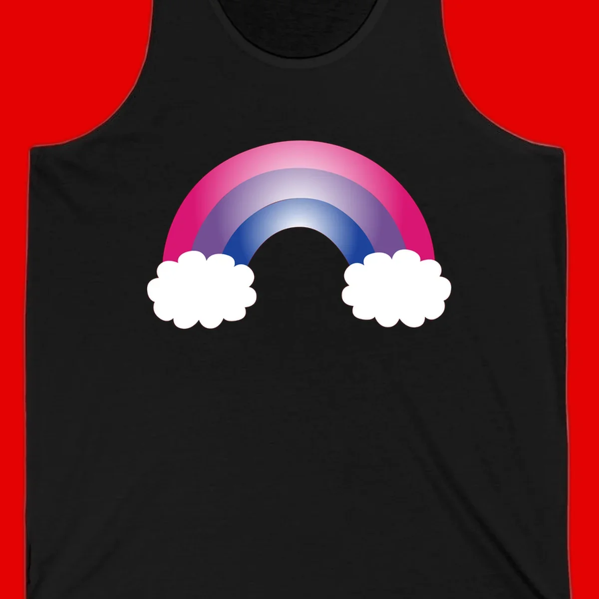 Illustration of a colorful gradient rainbow arc with pink, purple, and blue rings connecting two white fluffy clouds against a gray background