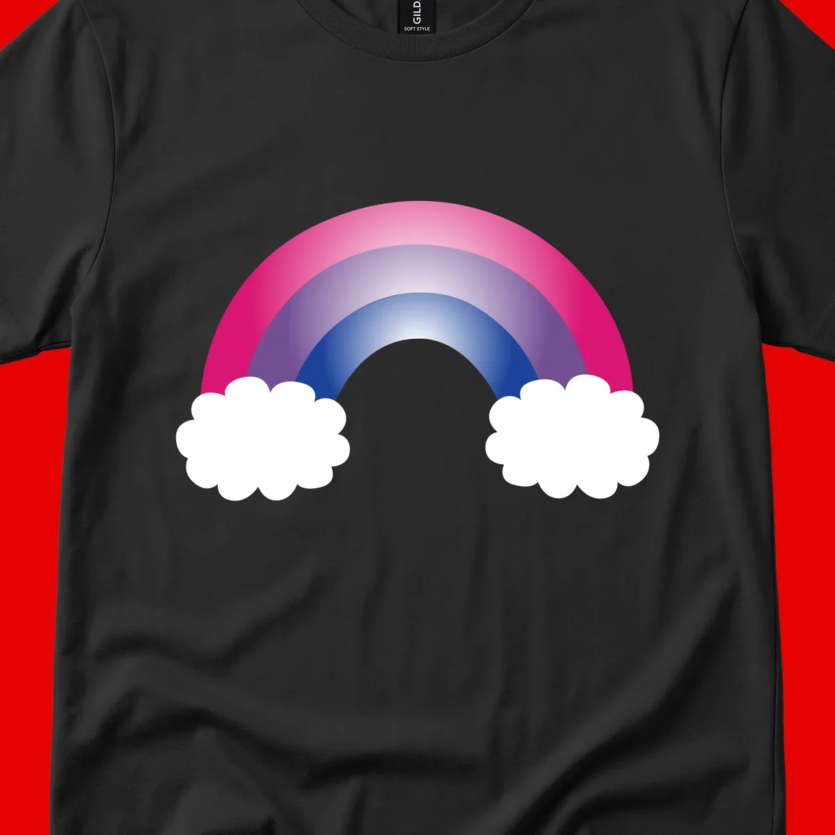 Illustration of a colorful gradient rainbow arc with pink, purple, and blue rings connecting two white fluffy clouds against a gray background