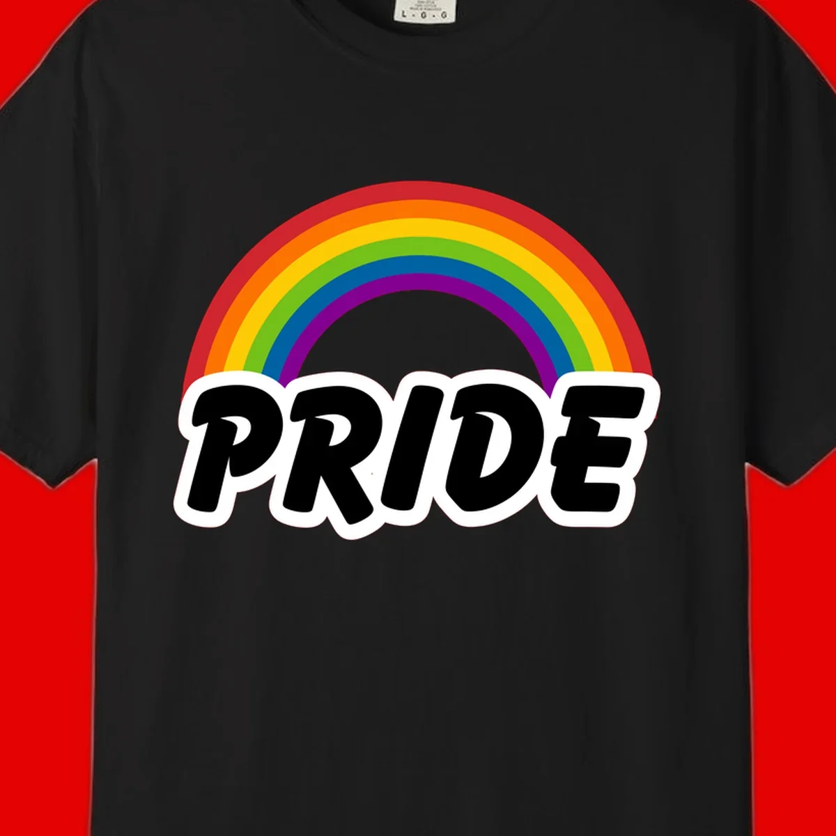 Colorful rainbow arc above bold black 'PRIDE' text with white outline on gray background