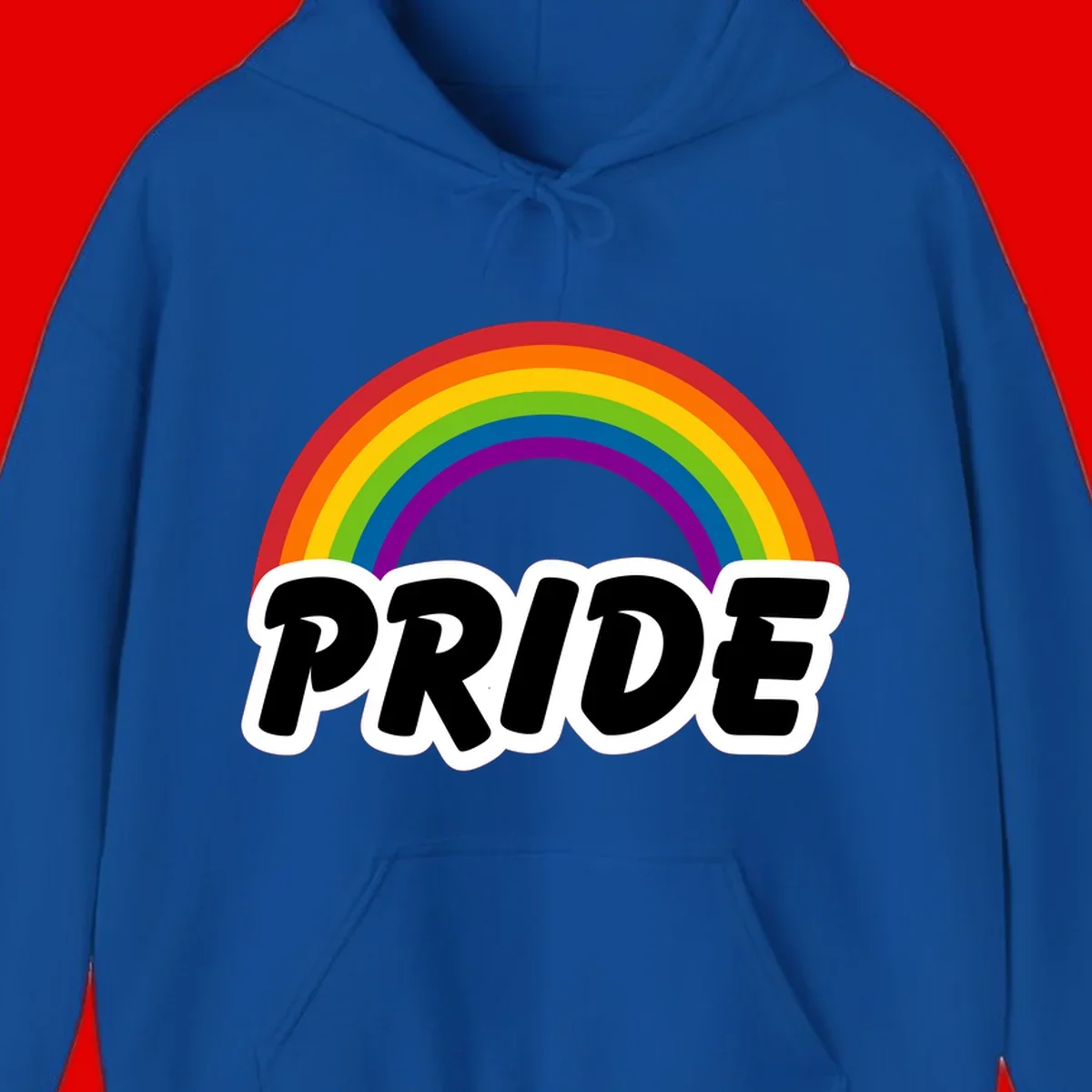 Colorful rainbow arc above bold black 'PRIDE' text with white outline on gray background