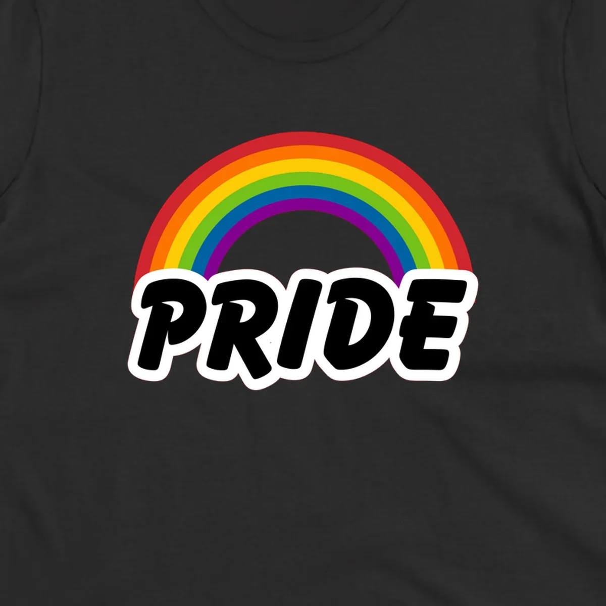 Colorful rainbow arc above bold black 'PRIDE' text with white outline on gray background
