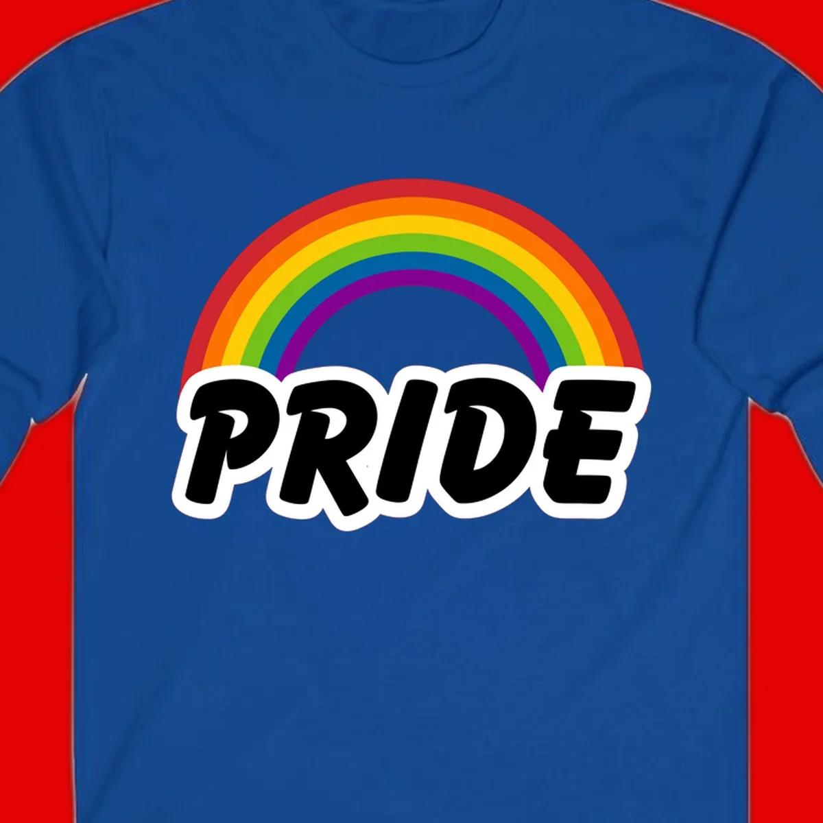 Colorful rainbow arc above bold black 'PRIDE' text with white outline on gray background