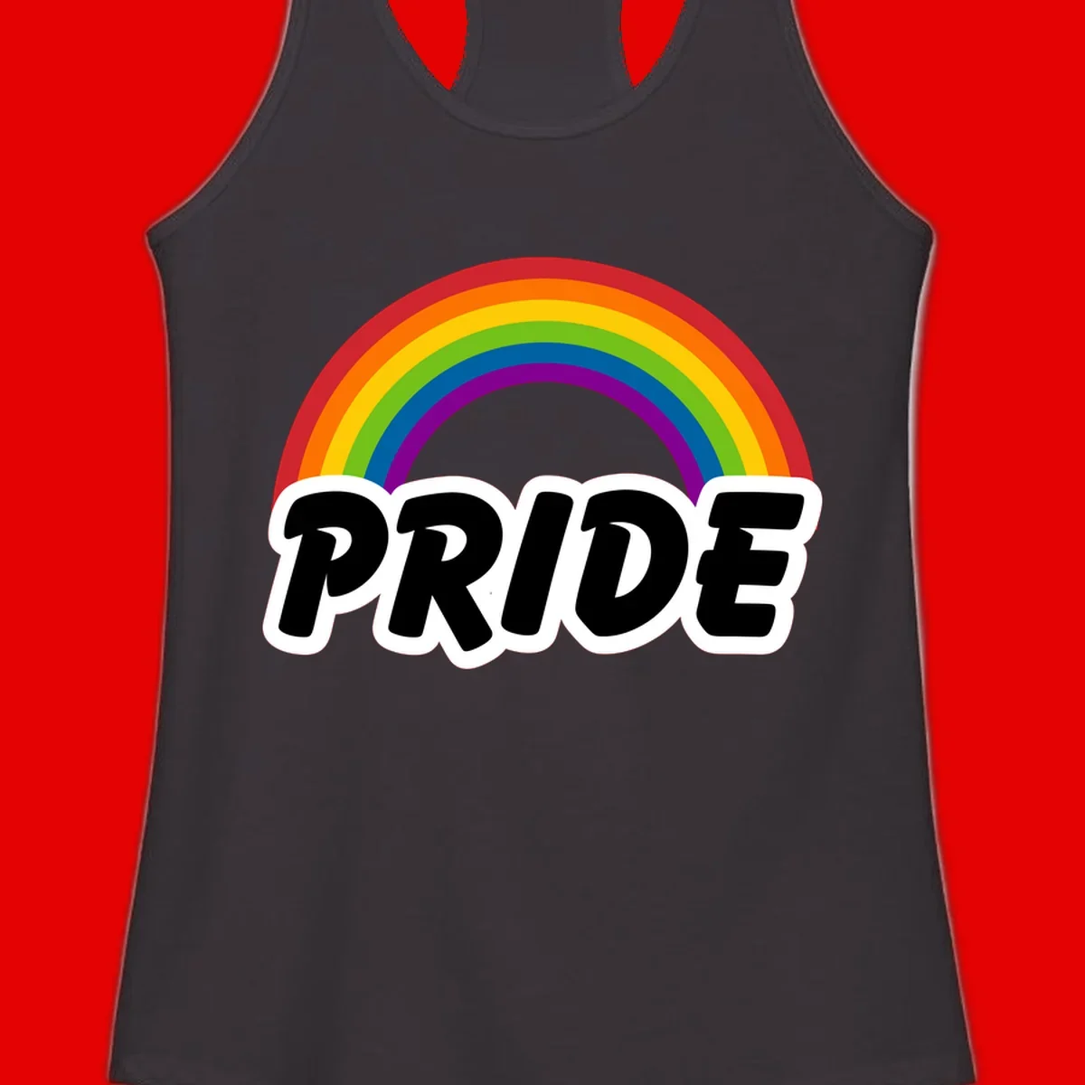 Colorful rainbow arc above bold black 'PRIDE' text with white outline on gray background